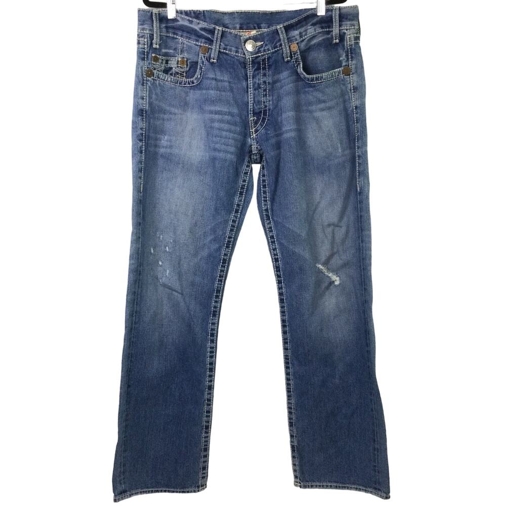True Religion Logan Big T Men's Button Fly Light Wash Straight Leg Distressed 38